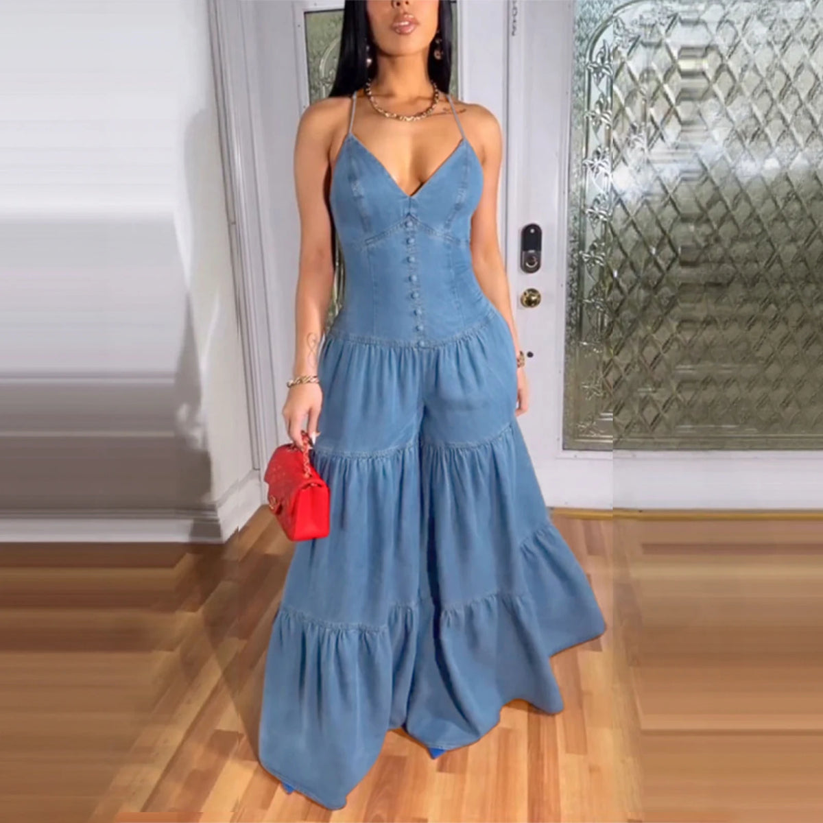 Elegant Jumpsuits for Women 2025 Spring New Plain Elegant Office Lady Loose Ruched Cold Shoulder Hem Wide Leg Jumpsuit Dungarees