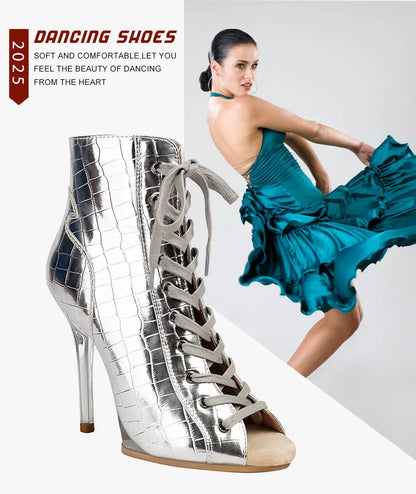 Women Sexy Platform Latin Dance Shoes Lace-up High Heels Dance Shoes Soft-soled Short Boots Jazz Dance Booties for Women 11.5cm