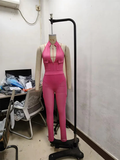 Weird Puss Mesh Patchwork Jumpsuits Women Halter Low-Neck Multiple Pockets Skinny Peach Hip Midnight Hipster Club Party Outfits