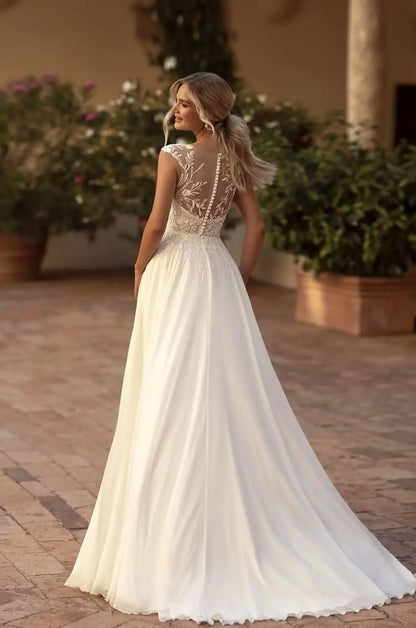 Elegant Chiffon Wedding Dresses for Bride Sheer Neck Illusion Bridal Party Gown with Slit Lace Applique Vestidos De Novia