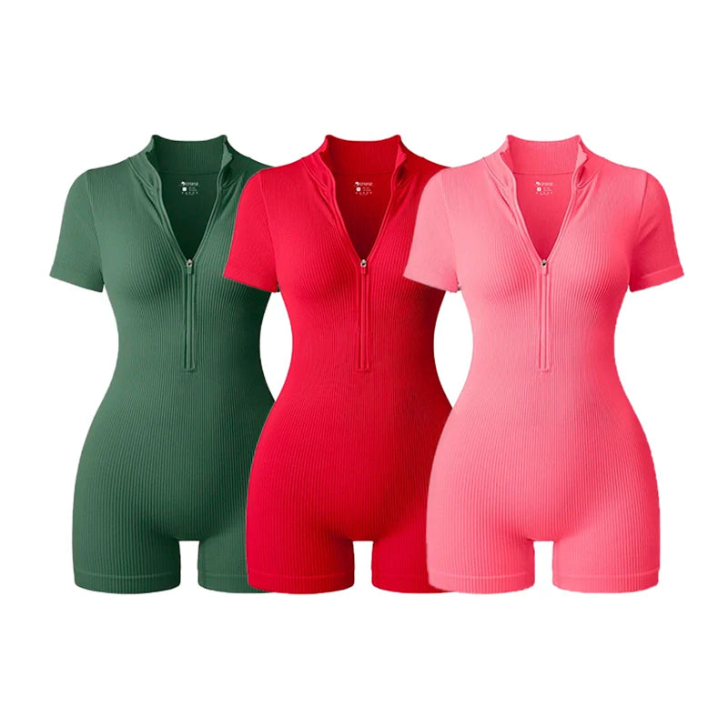 2025 Yoga Jumpsuit Summer Short Sleeve Zipper Sports Wear Gym Fitness Sports Bodysuits Women Fashion Running Yoga Fitness Suit