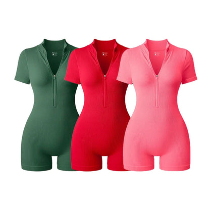 2025 Yoga Jumpsuit Summer Short Sleeve Zipper Sports Wear Gym Fitness Sports Bodysuits Women Fashion Running Yoga Fitness Suit