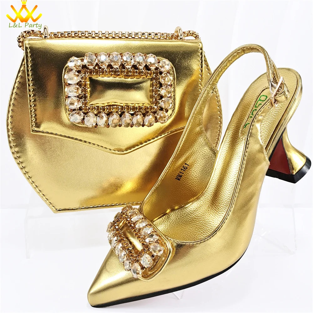 2024 Latest Nigerian Design Italian Women's Comfortable Heels Pointed Toe Sandals Wedding Party Gold Color Shoes and Bags Set