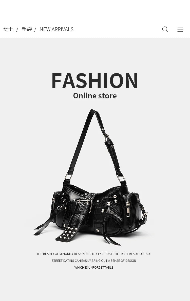 Women's Y2k Punk Vintage Shoulder Purse PU Leather Gothic Rivet Handbag Waist Bag Luxury Black Cross Body Bags with Spikes