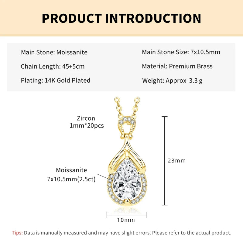 Rrjzz Sparkling 7x10.5mm Pear Cut D-Color Moissanite Pendant Necklaces 2.5CT Waterdrop Necklace for Women GRA Jewelry Gifts