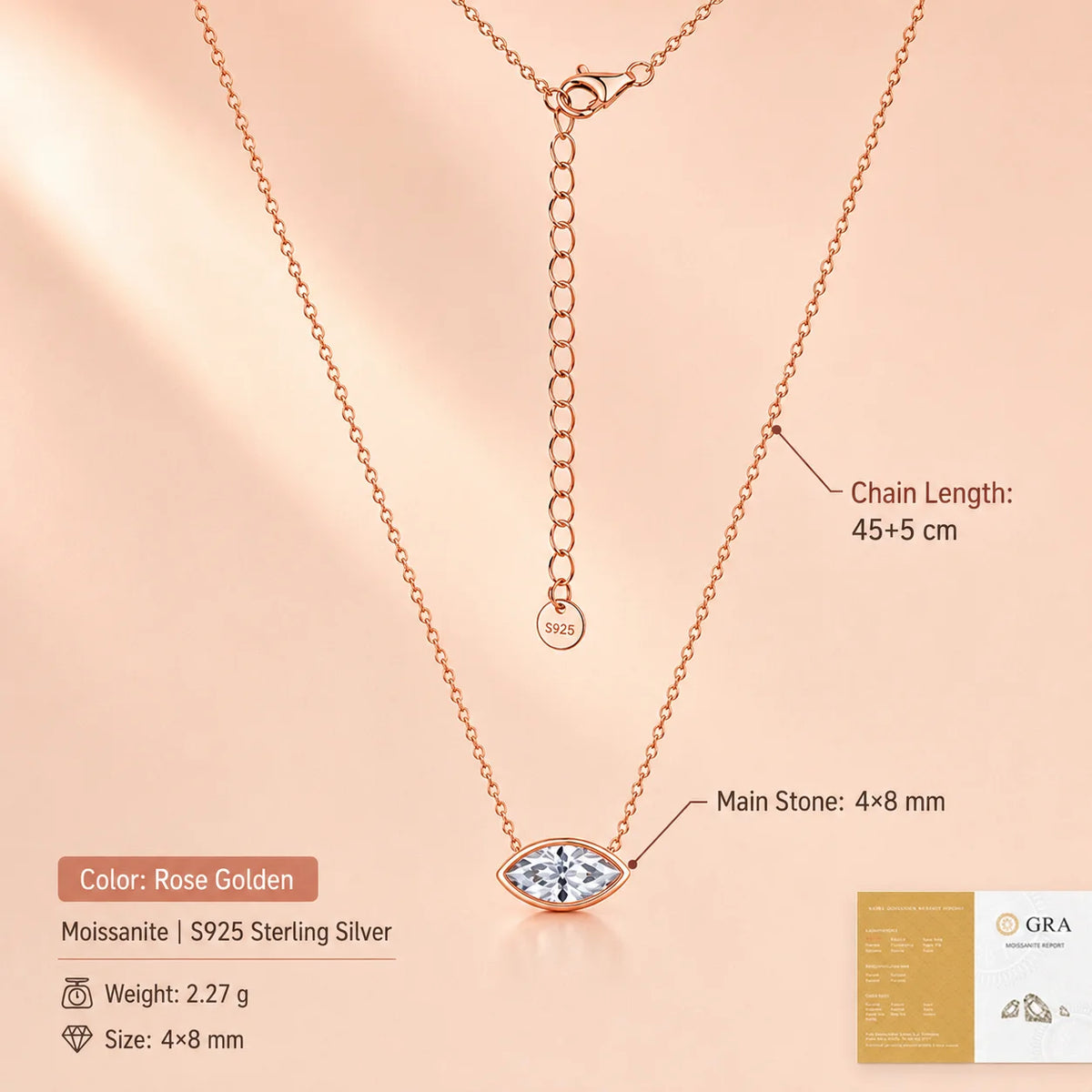 Evil Eye Moissanite Pendant Necklace Marquise Cut 4x8mm Bezel Set S925 Sterling Silver D Color VVS1 GRA Certified Gift for Women