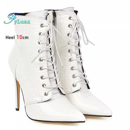 12CM Stiletto Heels Botas Mujer Fashion Pointed Lace-up Ankle Boots Roman Ladies Shoes Autumn Winter Women Emboss Short Booties
