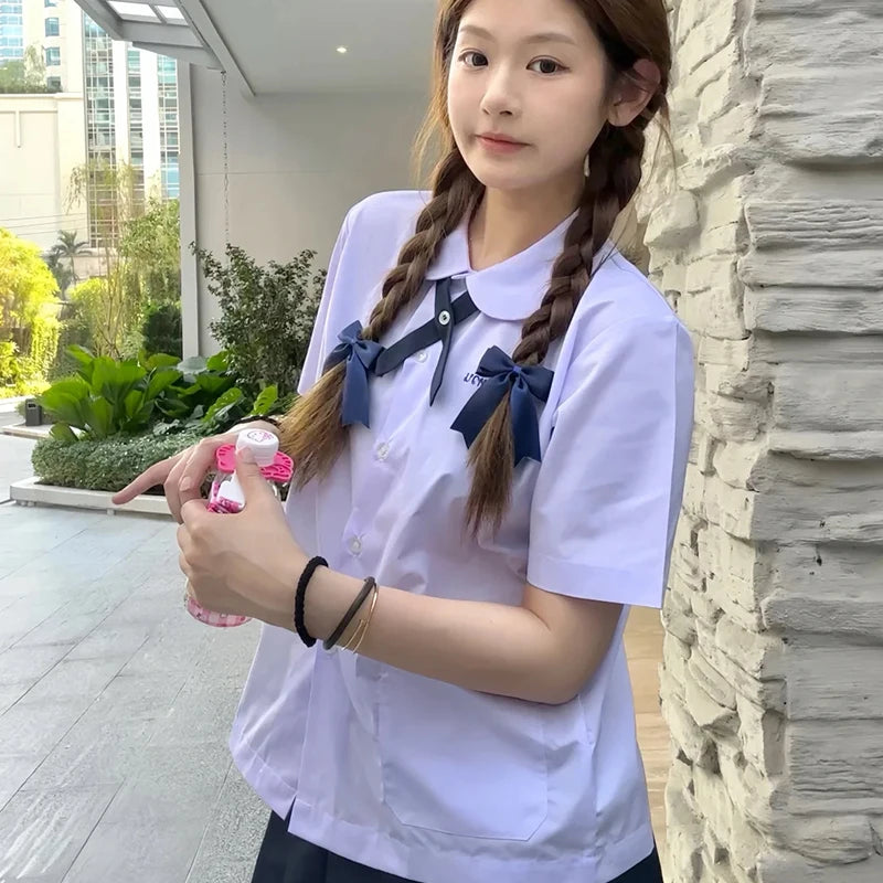 Men/Women JK Uniform Thai Style School Uniforms Short Sleeve White Shirt/Light Purple Shirt Preppy Style Pleated Skirt w/bow Tie