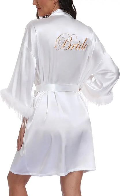 Vestidos De Novia Satin Kimono Women Short Robe Feather Sleeve Bride Wedding Dress Sexy Lingerie Pijama Mujer Bridesmids Gown