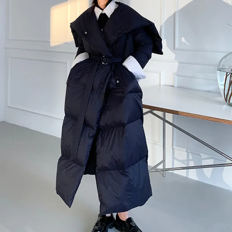 High end Ultra long White goose down Jacket For women Winter 2025 New Fashion Down Coat Female Thicken Parka Overcoat with belt