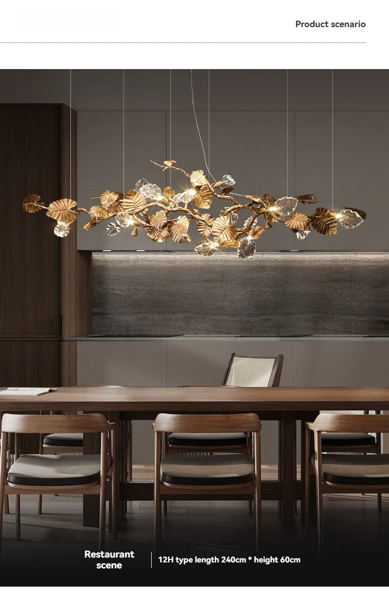Luxury Copper Branch Chandelier Dining Table Retro Restaurant Light with Leaf Crystal Pendant Lamp Living Room Bar Kitchen Vila