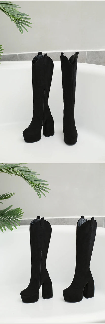 Super Waterproof Platform Strange Chunky Heel Graffiti Women's Boots Plush Inner Zipper Flock Material Knee Boots Plus Size