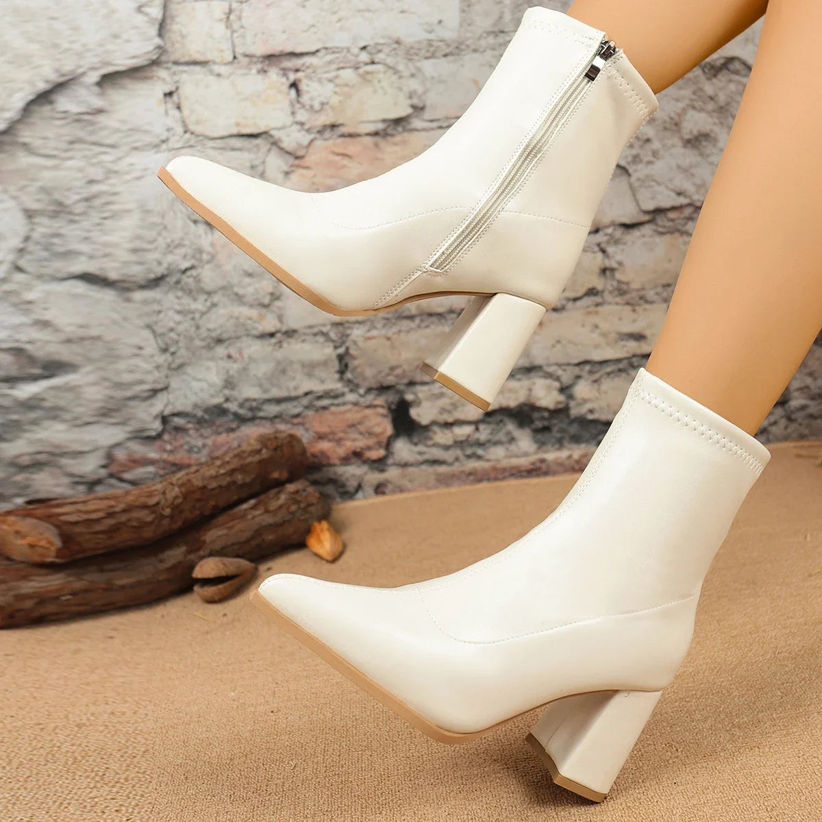 2025 New Pointed Toe Women Ankle Boots Elegant Square High Heel Designer Women Shoes Fashion Back Zippers Short Boots Ladies
