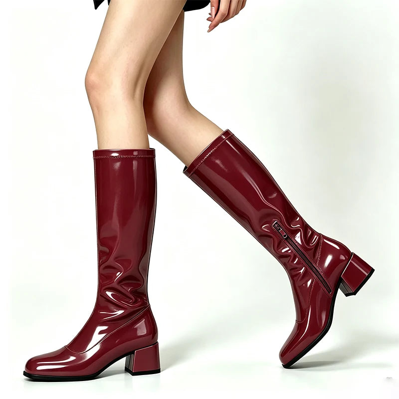New Spring Autumn Wine Red Patent Leather Women Knee High Boots Block Heel 4cm Side Zipper Square Toe Pleated Ladies Boots Shoes