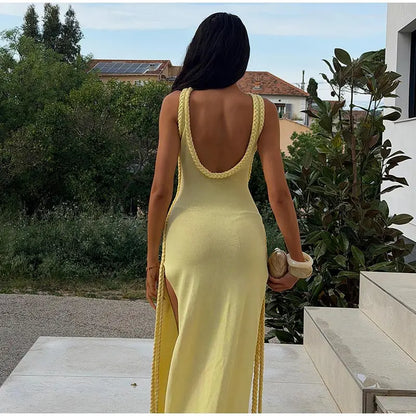 Braided Trim Sexy High Slit Dress Lady Sleeveless Hollow Out Backless Bodycon Maxi Dresses 2026 Summer Elegant Chic Evening Gown