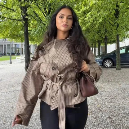 Vintage Plaid Women's Cropped Trench Coat Autumn Lapel Tie Waist Full Sleeve Windbreaker New Chic Casual Elegant Jacket 2026
