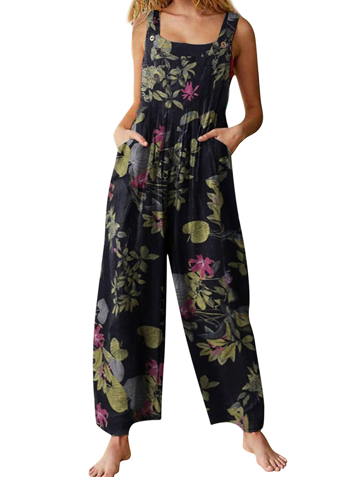 Women Plus Sizes Jumpsuit Leaf Floral Print Square Neck Sleeveless Fashion Casual Overalls with Pockets
