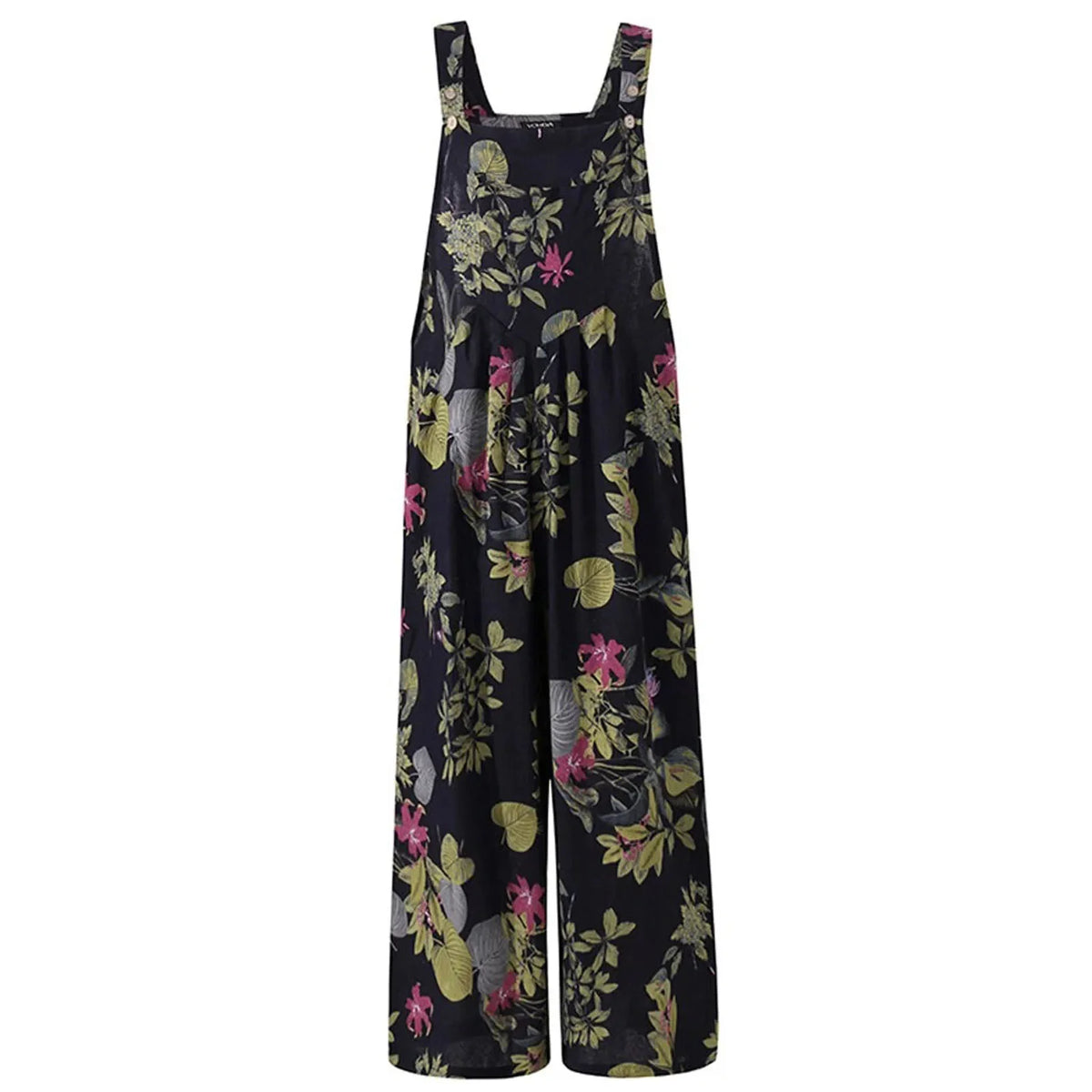 Combhasaki Women's S-3XL Cotton and Linen Jumpsuit Leaf Floral Print Square Neck Sleeveless Casual Loose Overalls with Pockets