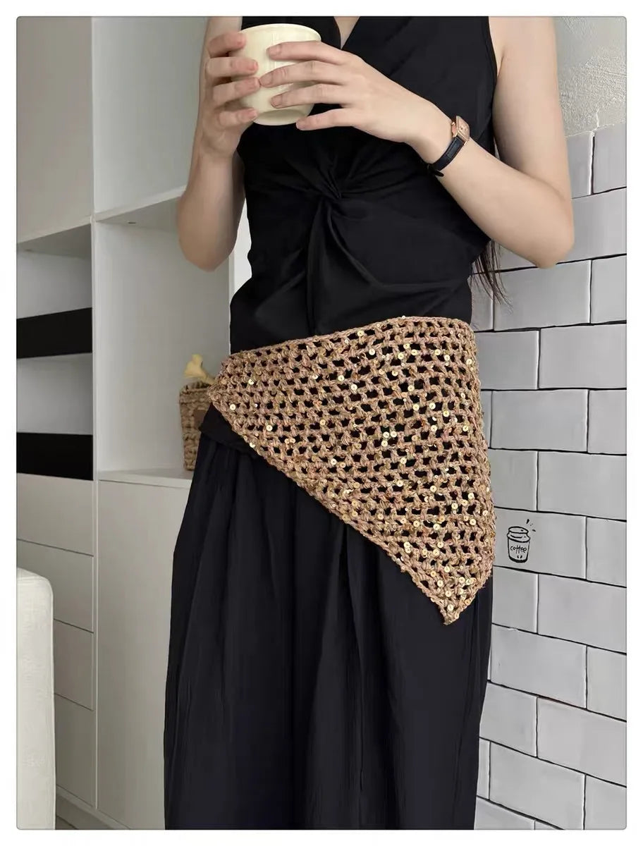 French Retro Knitted Triangular Towel Female Hottie Travel Sweet and Cute Literary Style Handmade Crochet Headscarf Headband