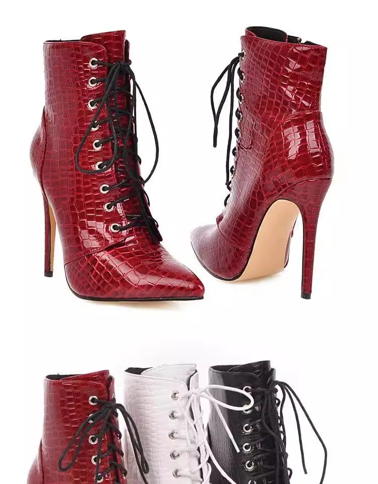 12CM Stiletto Heels Botas Mujer Fashion Pointed Lace-up Ankle Boots Roman Ladies Shoes Autumn Winter Women Emboss Short Booties