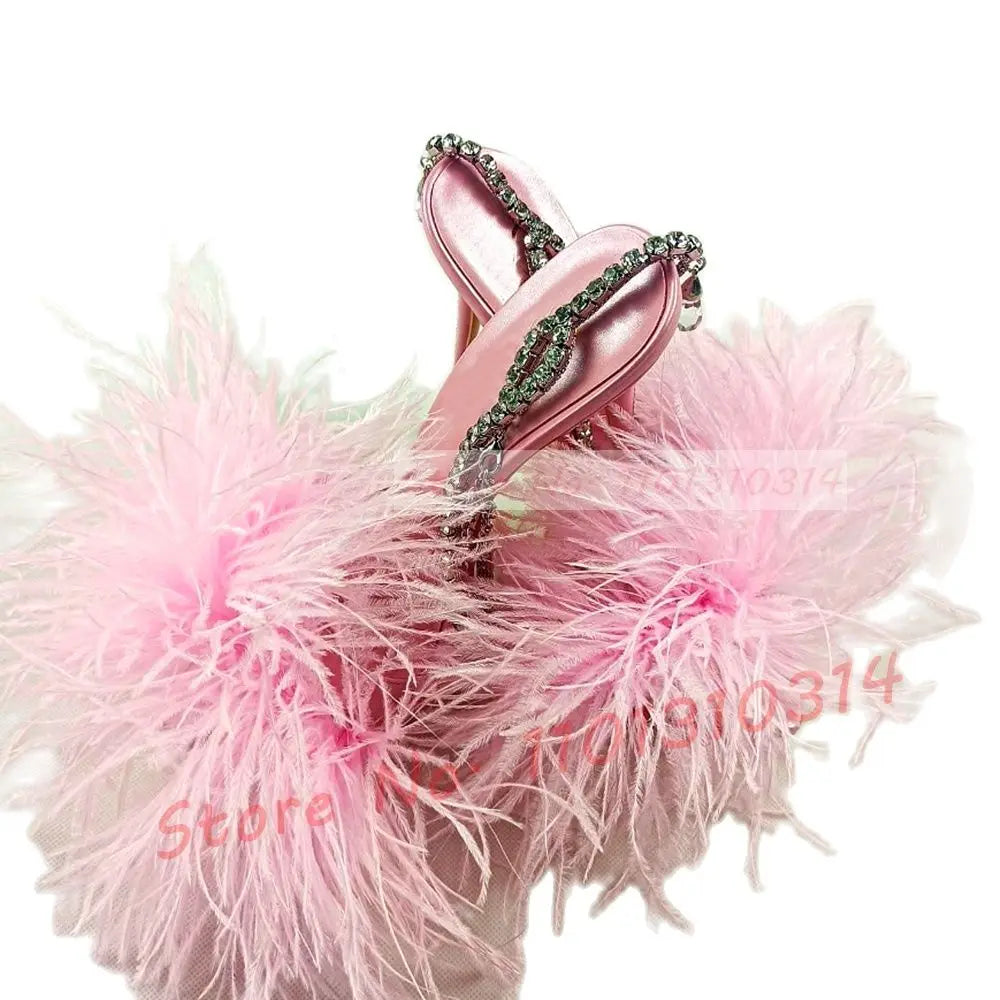 Pink Feather Crystal Wrap Sandals With High Heels Luxury Women Summer Sweet Shiny Shoes Design Ladies Luxury Elegant Sandals