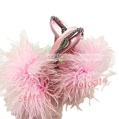 Pink Feather Crystal Wrap Sandals With High Heels Luxury Women Summer Sweet Shiny Shoes Design Ladies Luxury Elegant Sandals