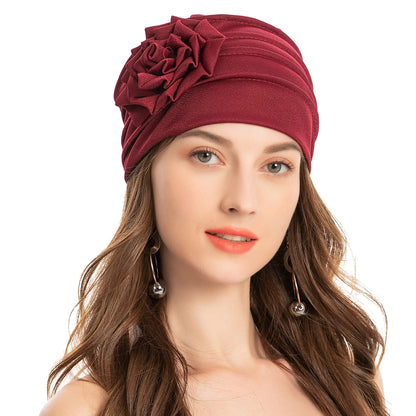 Muslim Fashion Solid Color Women Hijab Turban Beanie Hat Wth Flower Chemo Headwear Elastic Head Wrap Cap