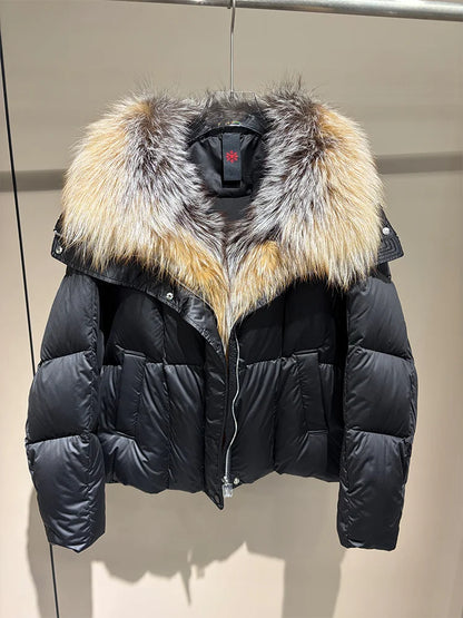 2026 New Winter Warm Women White Goose Down Jacket Real Large Fox Fur Collar Loose Short Puffer Coat Ladies Parka Outerwear