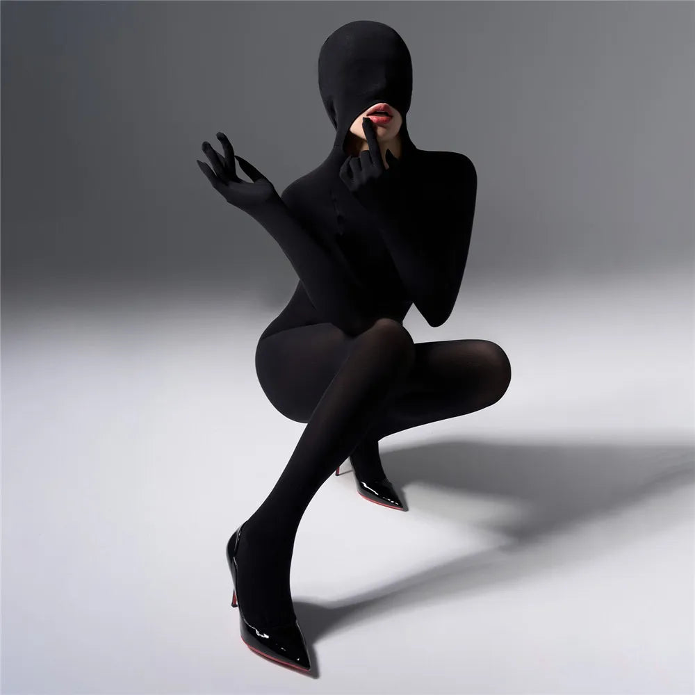 Sexy Women 120D Tights Hooded Mask Elastic Bodysuit Sheer See Through Rompers Glove Jumpsuits Cosplay Maid Leotard