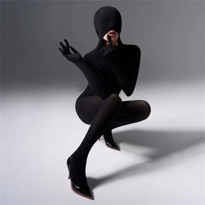 Sexy Women 120D Tights Hooded Mask Elastic Bodysuit Sheer See Through Rompers Glove Jumpsuits Cosplay Maid Leotard