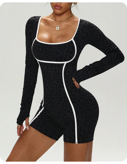 Women's Leopard Print Long Sleeve Yoga Jumpsuit Slim Fit One Piece Workout Romper Shorts Athletic Fitness Bodysuit