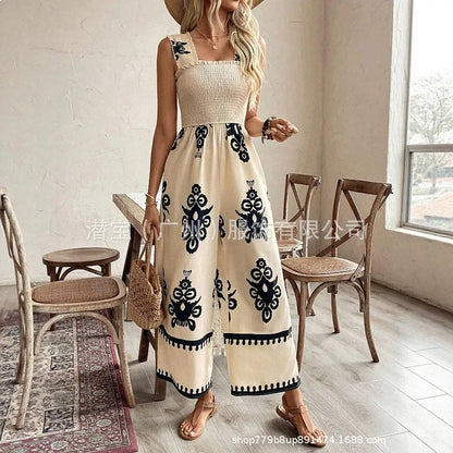 Jumpsuit Jumpsuits Print Smocked Waist Wide Strap Spring Summer Playsuit Overall