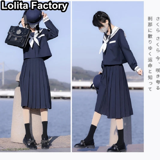 65cm longuette JK Uniform Sets Japanese Women girls uniform dark blue Short/long Sleeve School Uniforms Sailor Pleated Skirt