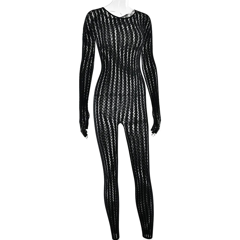 HLJ&GG Sexy Mesh Stretchy See Though Bodycon Jumpsuits Women Round Neck Long Sleeve Slim Playsuits Fashion Print Overalls 2025