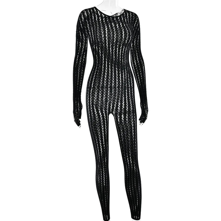 HLJ&GG Sexy Mesh Stretchy See Though Bodycon Jumpsuits Women Round Neck Long Sleeve Slim Playsuits Fashion Print Overalls 2025