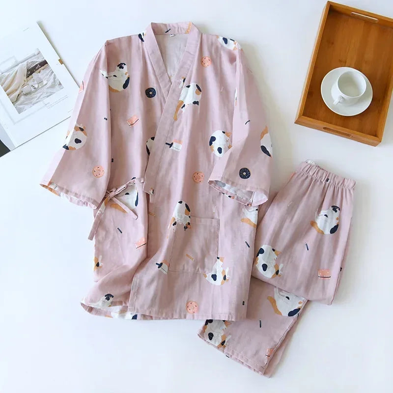 2026 new seven-sleeve Japanese-style kimono pajamas set female spring and autumn 100% cotton gauze home clothes cute sweet two-p