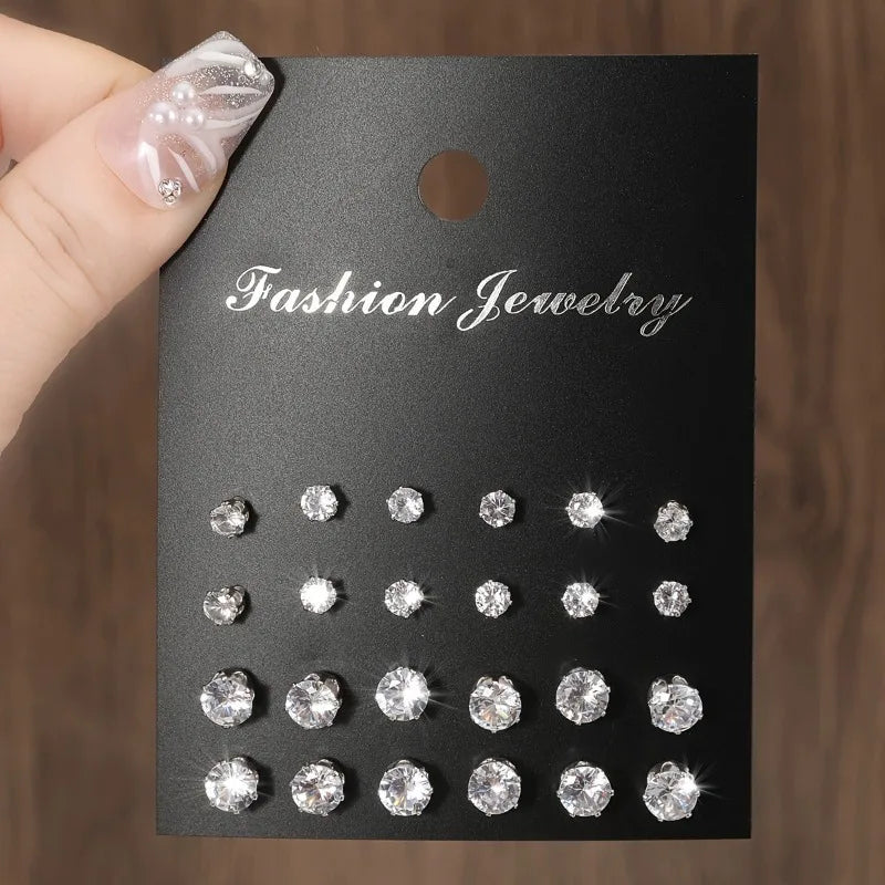 New 12 Pair Pack White Shiny Wedding Stud Earrings Set For Women Men Crystal Rhinestone Earrings Party Jewelry Accessories Gifts