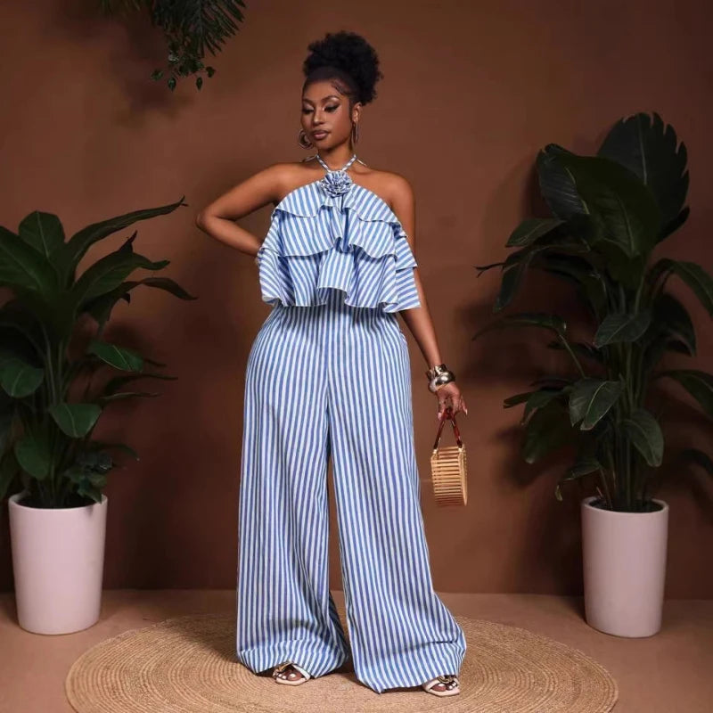 New African Fashion Women Summer Jumpsuits Striped Printed Halter Hollow Out Back Ruffles Patchwork Wide Leg Pants Jumpsuit
