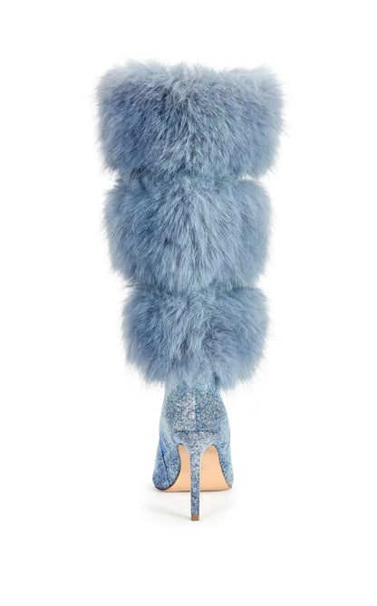 2026 Women Upsetter Sky Blue Furry Knee High Boots Soft Warm Plush Stiletto Heel Tall Boots Elegant Fall Winter Long Dress Heel
