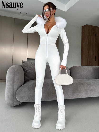 Nsauye Jumpsuits Women Long Sleeve Pullover Faux Fur Hoodies Skinny One Pieces Overalls Sexy Clubwear Sport Y2K Jumpsuit Rompers