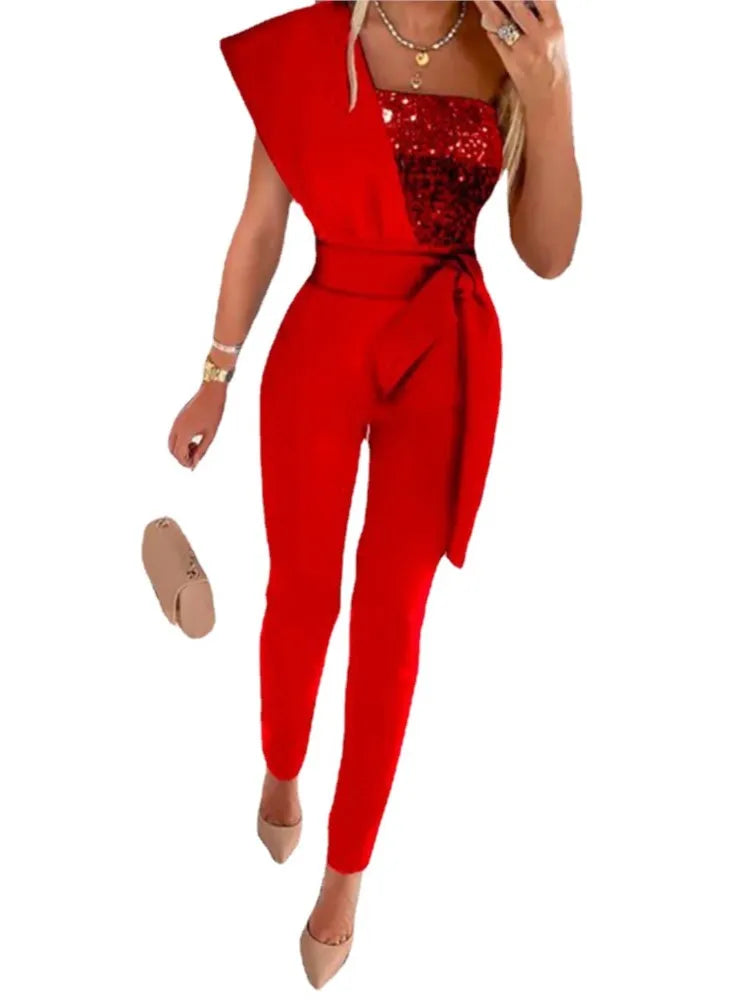 Elegant Women Sequins Patchwork Bodycon Jumpsuit Summer Fashion One Shoulder Prom One Piece Belt Trouser Overalls Jumpsuits