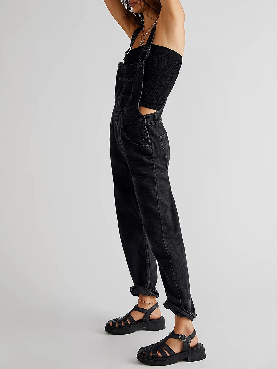 Women Spring Casual Wide Leg Denim Jumpsuits Loose Wide Strap Suspender Pocket Overalls Baggy Long Jeans Bib Pants Rompers