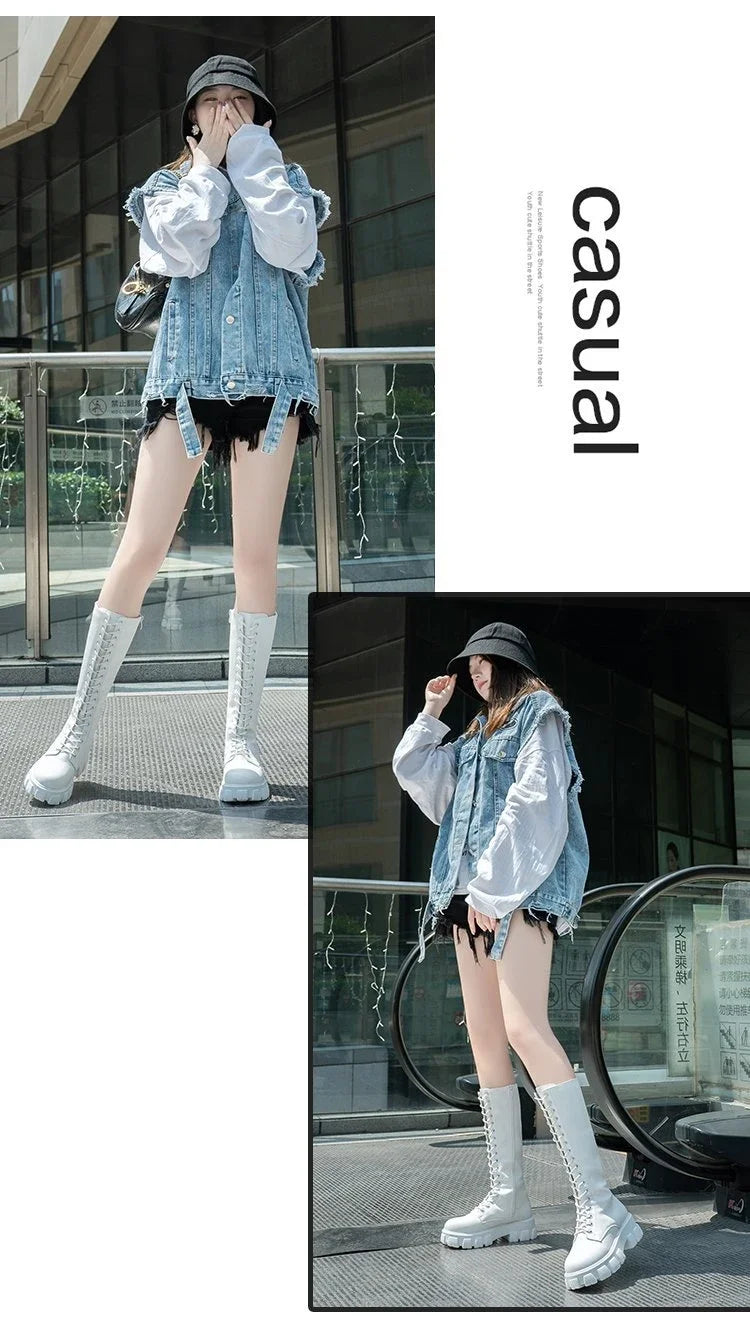 Women's Mid Calf Boots Padded Shoes Knee High Winter Sneakers Punk Style Military Casual White Black 2024 Lucury Platform Woman