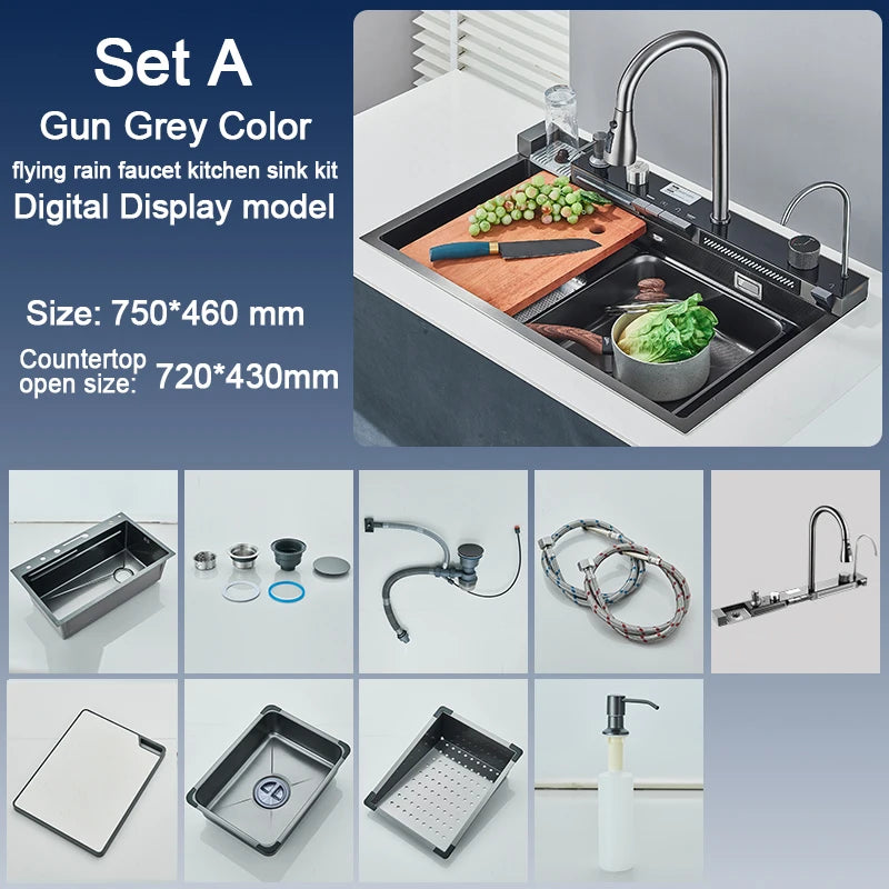 Stainless Steel Kitchen Sink with Faucet Digital Display Large Single Bowl Waterfall Rain 5 Functions System Dish Basin Sink