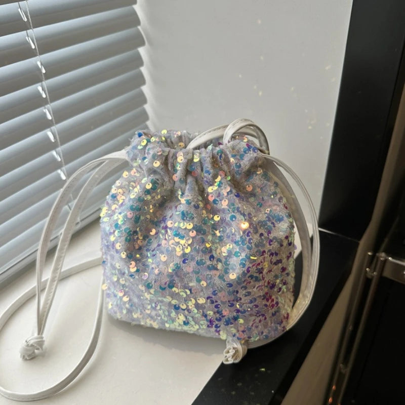 Shiny Sequin Drawstring Shoulder Bags for Women, Mini Crossbody Purse ,Sparkly Evening Handbag Suitable for Party Night Out