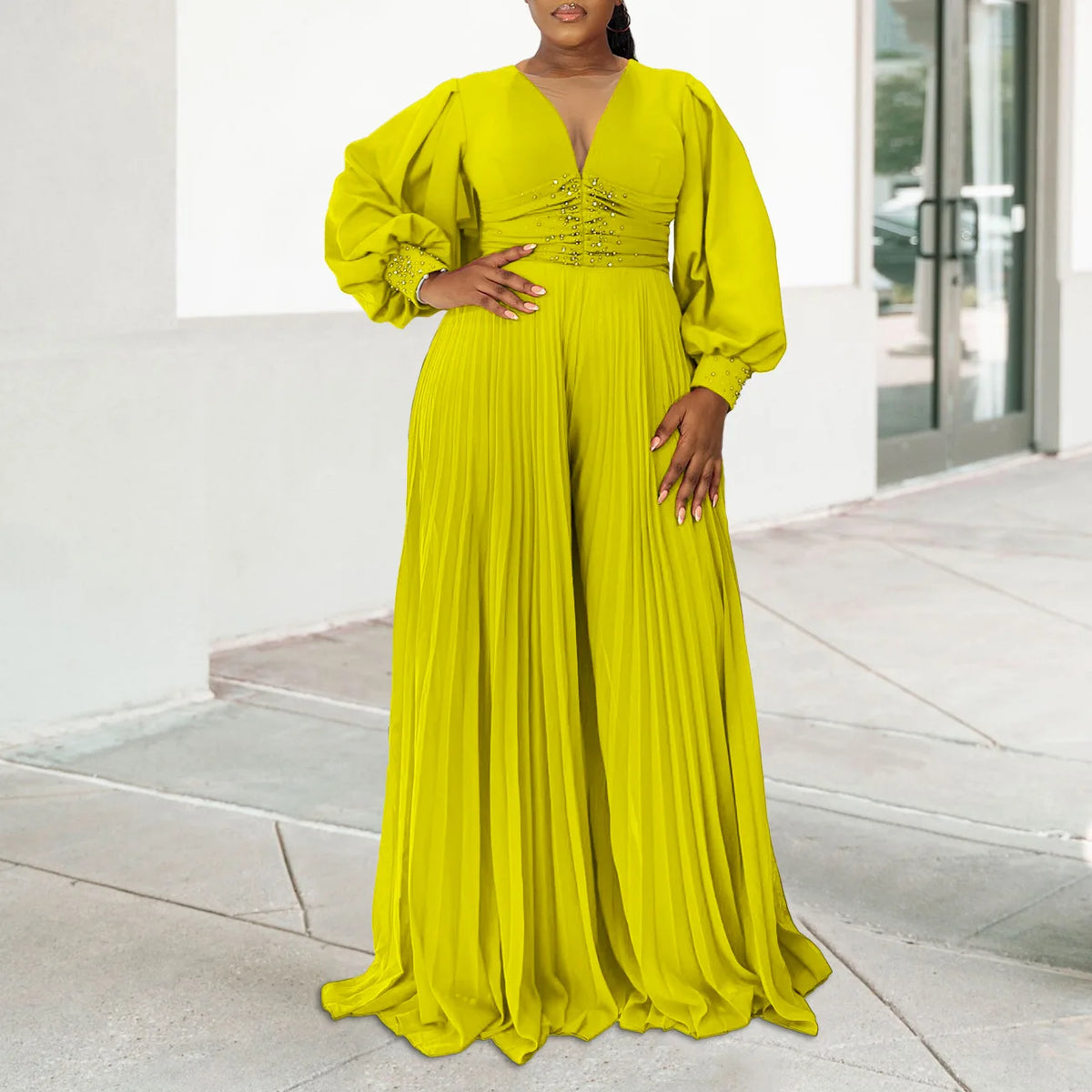 CM.YAYA Women Diamonds Long Sleeve Pleated V-neck Wide Leg Long Jumpsuits Party Beach Fashion Street Sexy Africa Outfit Rompers