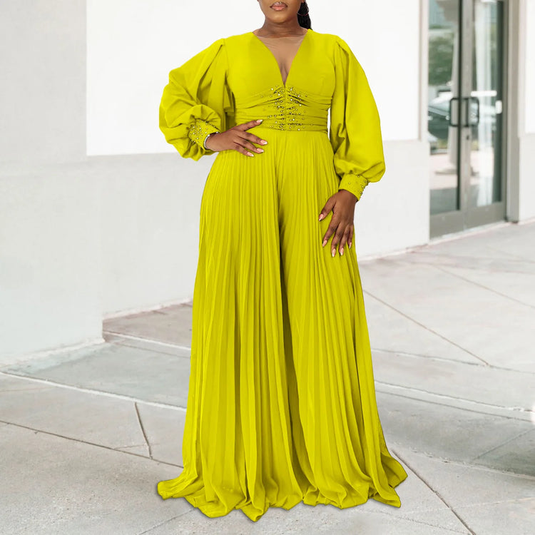 CM.YAYA Women Diamonds Long Sleeve Pleated V-neck Wide Leg Long Jumpsuits Party Beach Fashion Street Sexy Africa Outfit Rompers