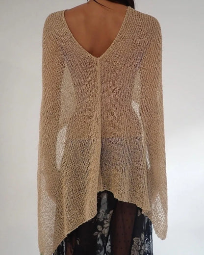 Casual Drop Shoulder Crochet Poncho Sweater Sheer Multi-wear Halter Shawl Irregular Knitted Cover-ups Vacation Outfits