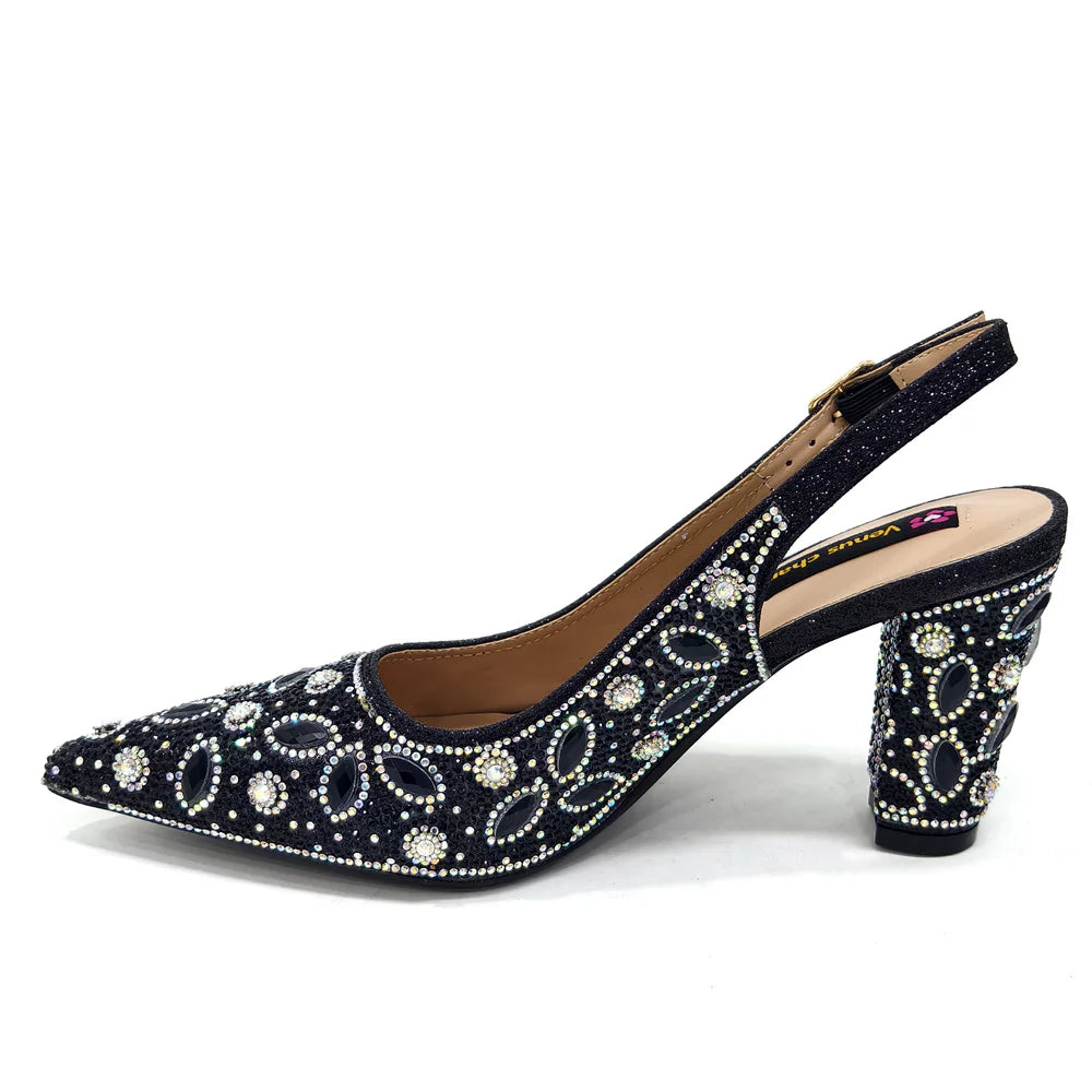 Elegant Women's Nigerian Fashion Pointed-Toe Party Shoe and Bag Set Rhinestone Luxurious Rhinestone Pumps for Special Occasions
