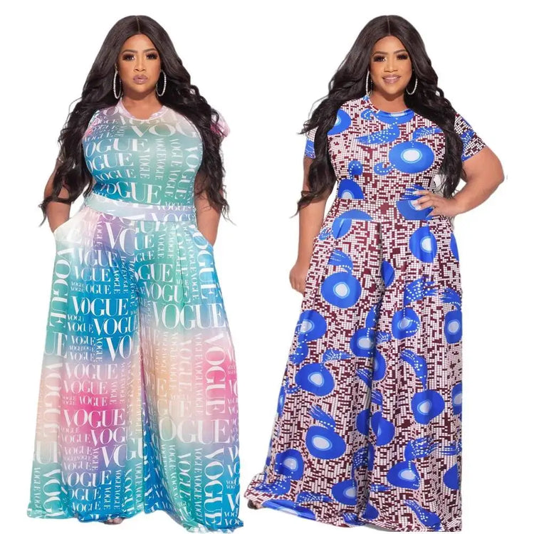 Loose Women's 2025 Summer Wide Leg Pants Letter Printed Short Sleeves Bubble Sleeves Large Size Jumpsuit
